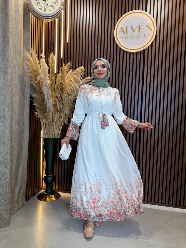 Rayen Düğme Detaylı Desenli Şifon Elbise | Ekru