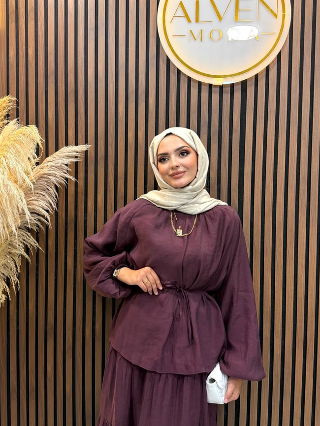 Ria Muslin Kumaş Etekli Takım | Mürdüm