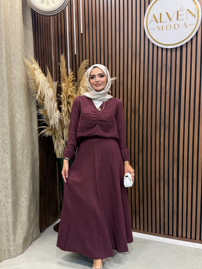 Ria Muslin Kumaş Etekli Takım | Mürdüm