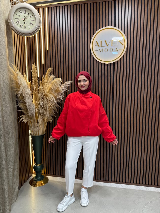 Saria Premium Su Geçirmez Oversize Spor Trençkot | Kırmızı