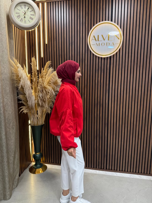 Saria Premium Su Geçirmez Oversize Spor Trençkot | Kırmızı