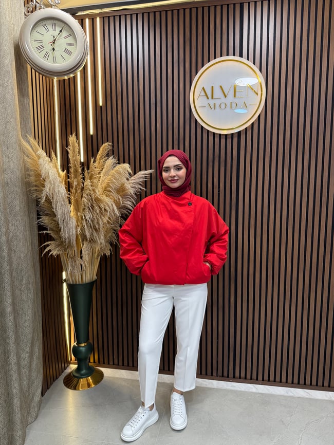 Saria Premium Su Geçirmez Oversize Spor Trençkot | Kırmızı