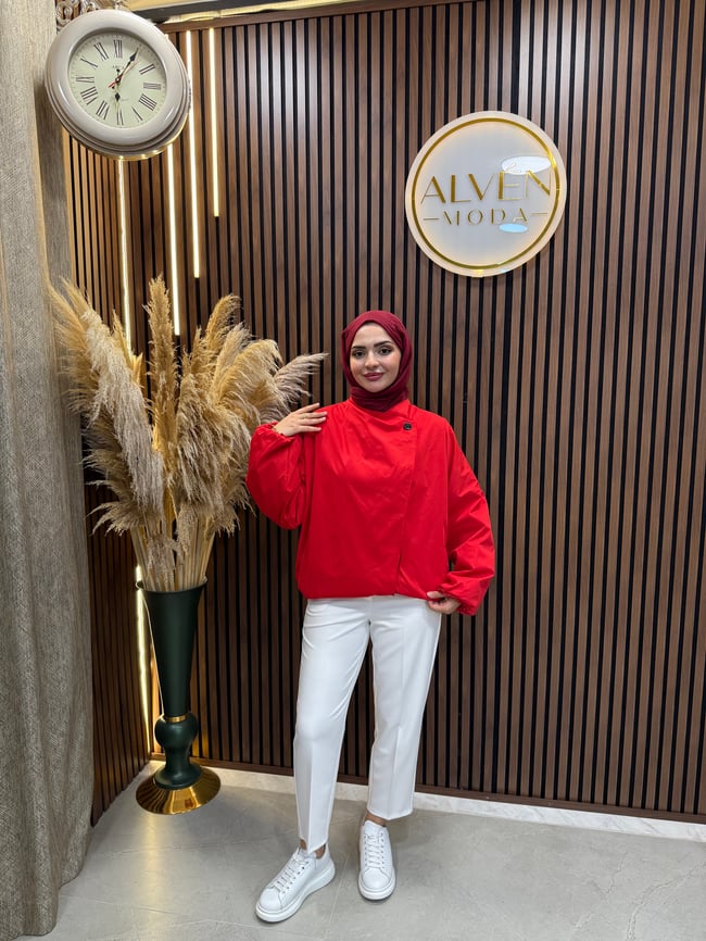 Saria Premium Su Geçirmez Oversize Spor Trençkot | Kırmızı