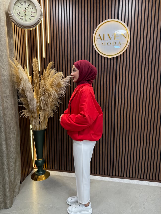 Saria Premium Su Geçirmez Oversize Spor Trençkot | Kırmızı