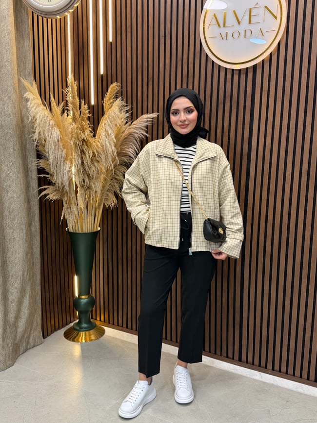 Selia Ekose Desenli Fermuarlı Ceket | Bej