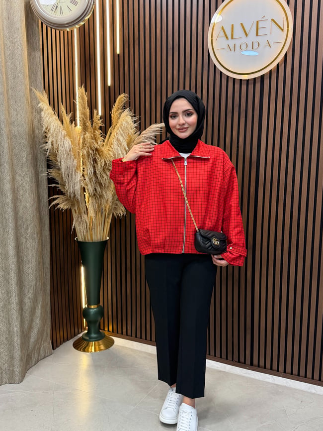 Selia Ekose Desenli Fermuarlı Ceket | Kırmızı