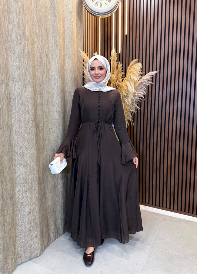 Sona Düğme Detaylı Elbise | Kahverengi