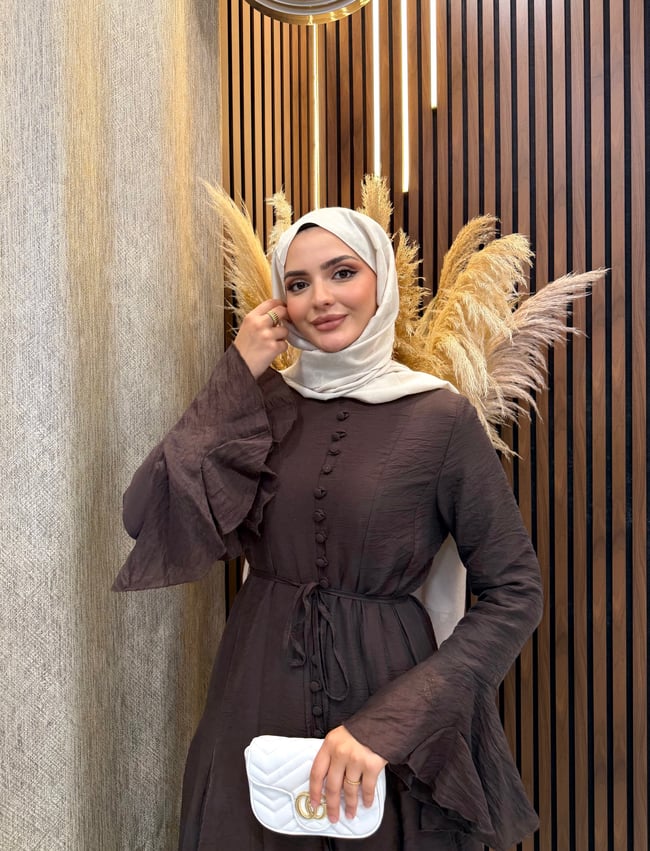 Sona Düğme Detaylı Elbise | Kahverengi