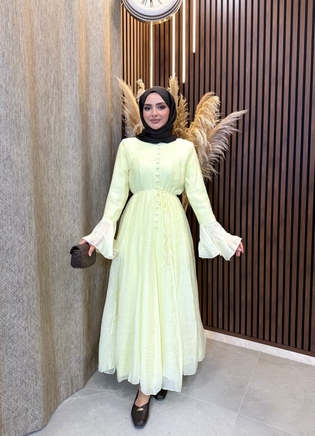 Sona Düğme Detaylı Elbise | Sarı