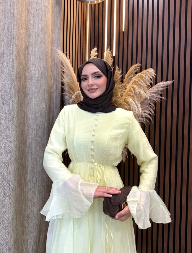 Sona Düğme Detaylı Elbise | Sarı