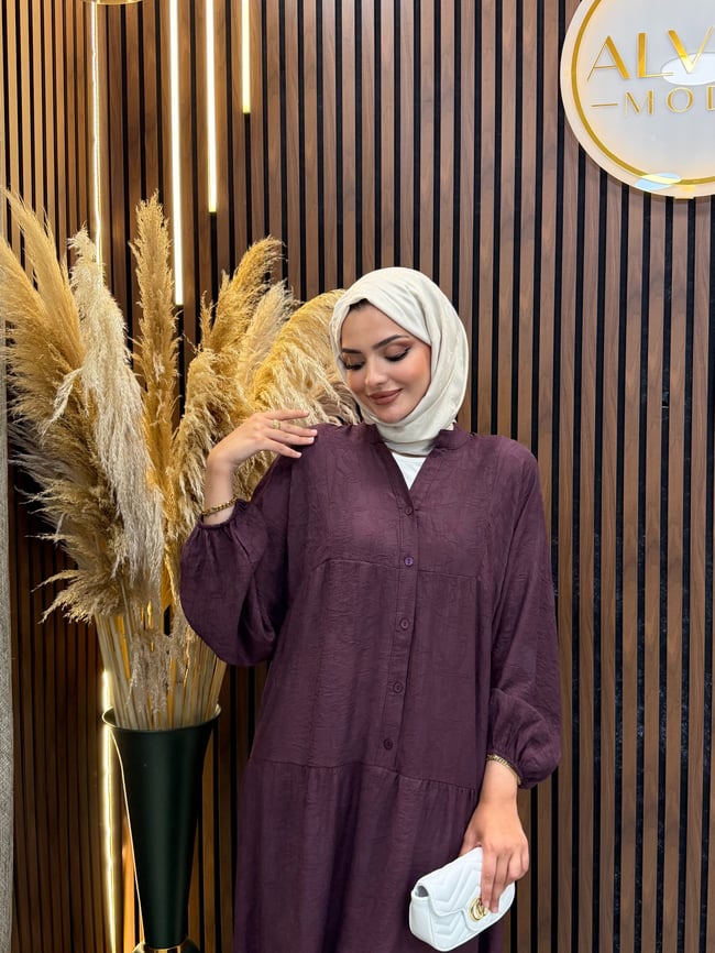 Suna Jakarlı Salaş Elbise | Mürdüm
