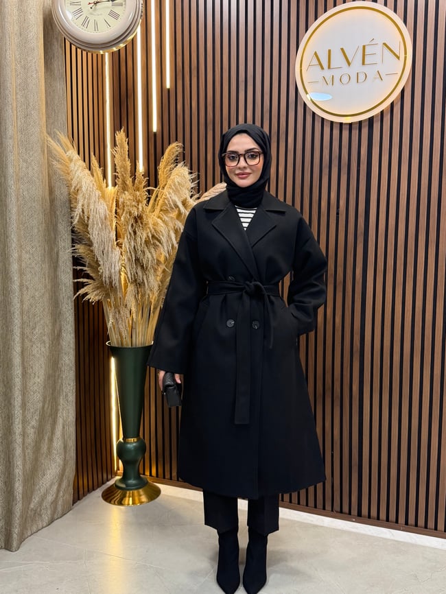TİA Premium Astarlı Oversize Kaban  | Siyah