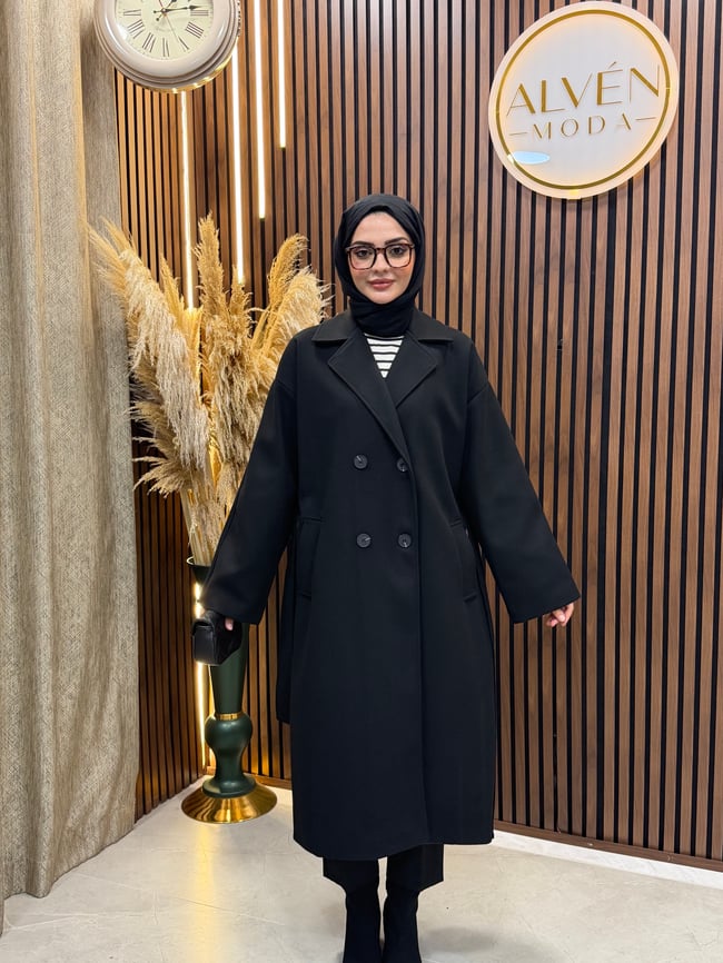 TİA Premium Astarlı Oversize Kaban  | Siyah
