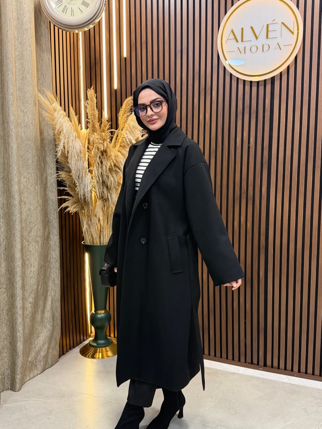 TİA Premium Astarlı Oversize Kaban  | Siyah