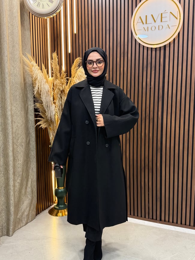 TİA Premium Astarlı Oversize Kaban  | Siyah