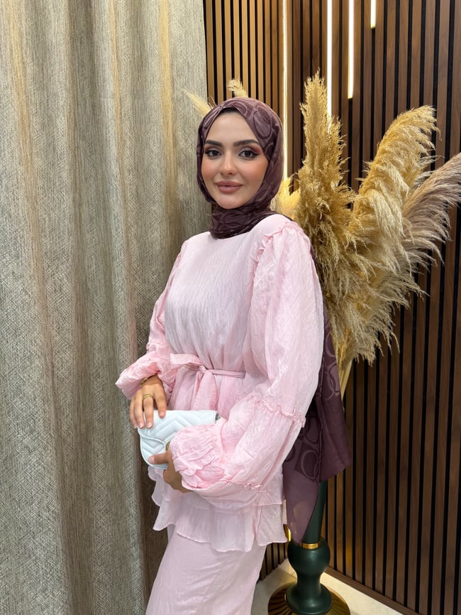 Vina Kat Kat Fırfır Detaylı Kuşaklı İkili Takım | Pembe