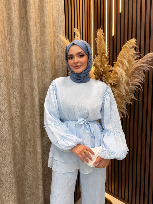 Vina Kat Kat Fırfır Detaylı Kuşaklı İkili Takım | Mavi