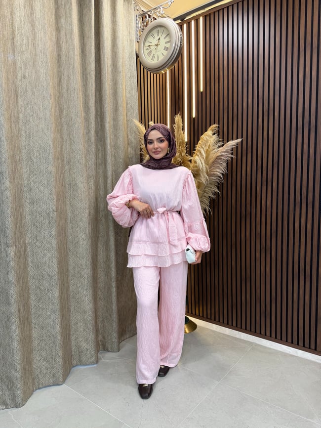 Vina Kat Kat Fırfır Detaylı Kuşaklı İkili Takım | Pembe
