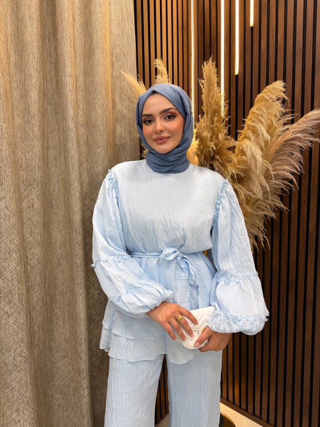 Vina Kat Kat Fırfır Detaylı Kuşaklı İkili Takım | Mavi