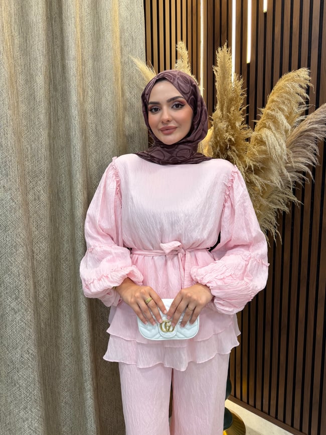 Vina Kat Kat Fırfır Detaylı Kuşaklı İkili Takım | Pembe