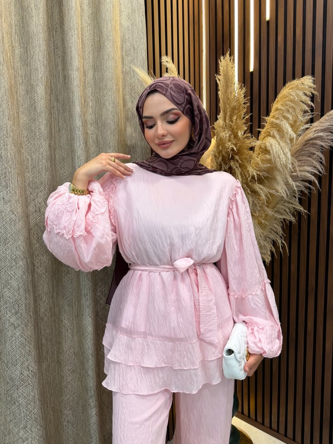 Vina Kat Kat Fırfır Detaylı Kuşaklı İkili Takım | Pembe