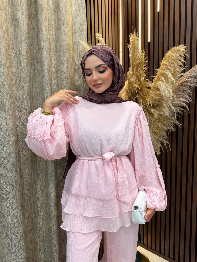 Vina Kat Kat Fırfır Detaylı Kuşaklı İkili Takım | Pembe