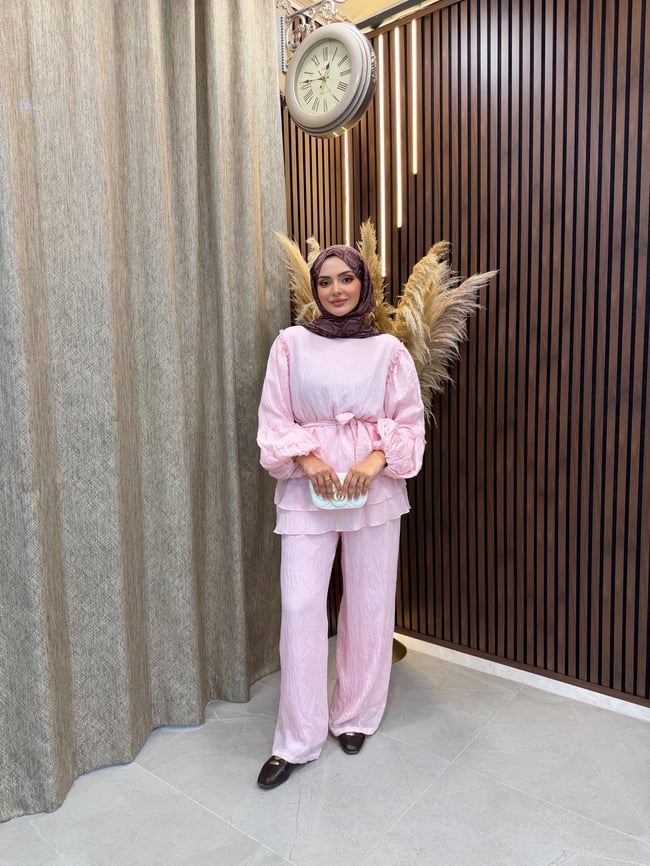 Vina Kat Kat Fırfır Detaylı Kuşaklı İkili Takım | Pembe
