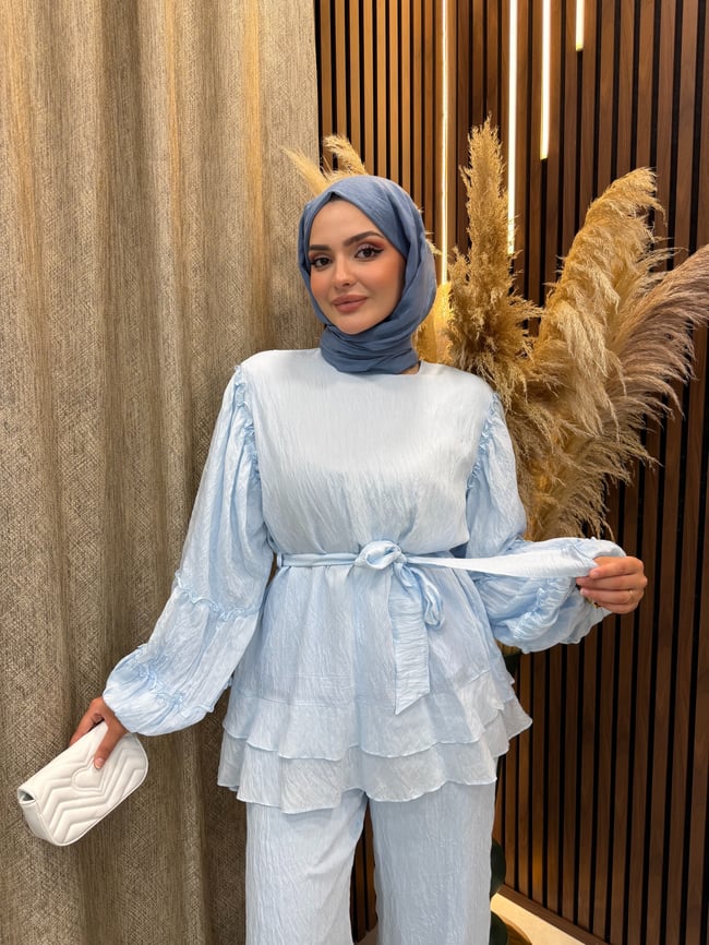 Vina Kat Kat Fırfır Detaylı Kuşaklı İkili Takım | Mavi