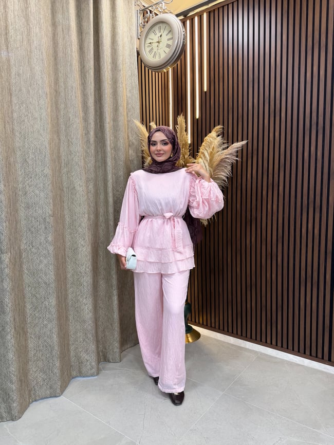 Vina Kat Kat Fırfır Detaylı Kuşaklı İkili Takım | Pembe