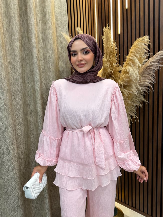 Vina Kat Kat Fırfır Detaylı Kuşaklı İkili Takım | Pembe