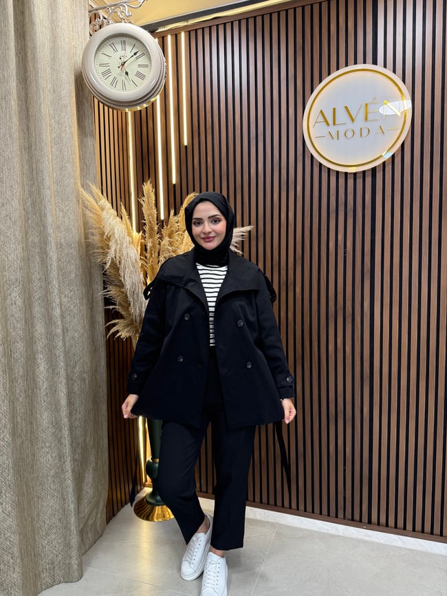 Viona  Premium Su Geçirmez Kuşaklı Oversize Trençkot | Siyah