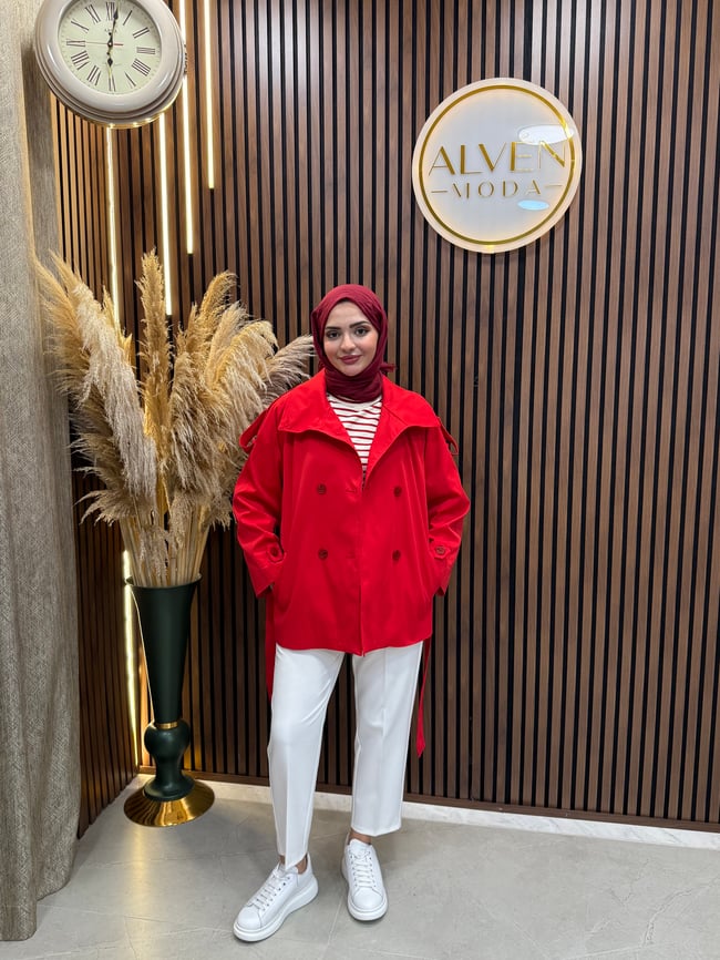 Viona  Premium Su Geçirmez Kuşaklı Oversize Trençkot | Kırmızı