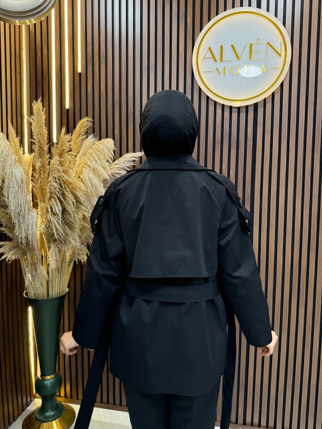 Viona  Premium Su Geçirmez Kuşaklı Oversize Trençkot | Siyah