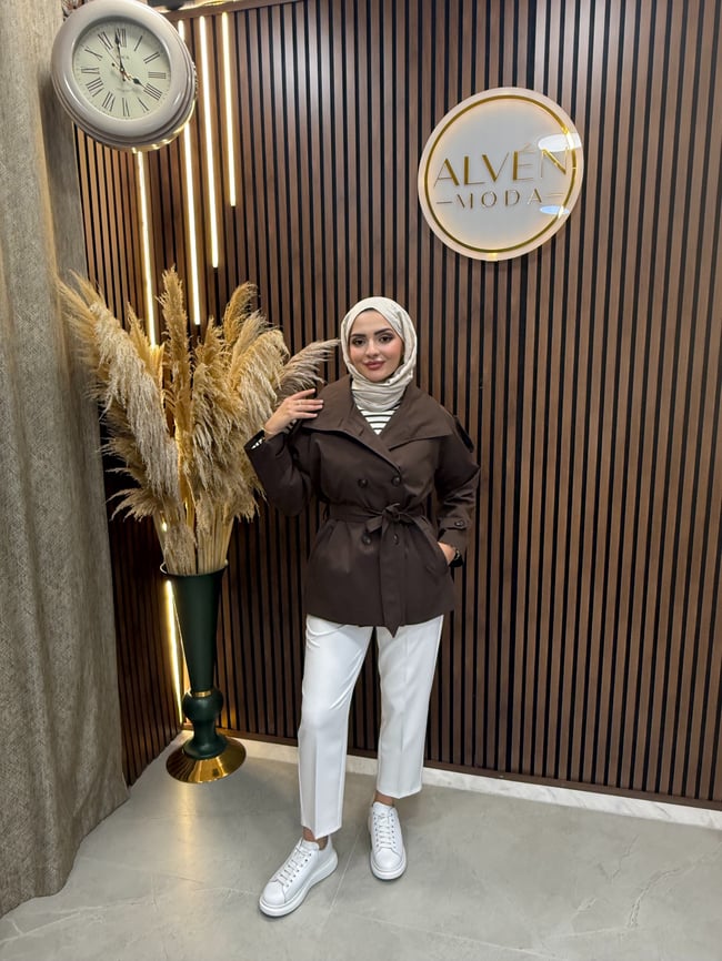 Viona  Premium Su Geçirmez Kuşaklı Oversize Trençkot | Kahverengi