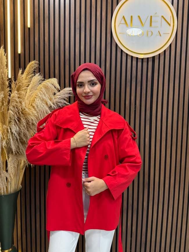 Viona  Premium Su Geçirmez Kuşaklı Oversize Trençkot | Kırmızı