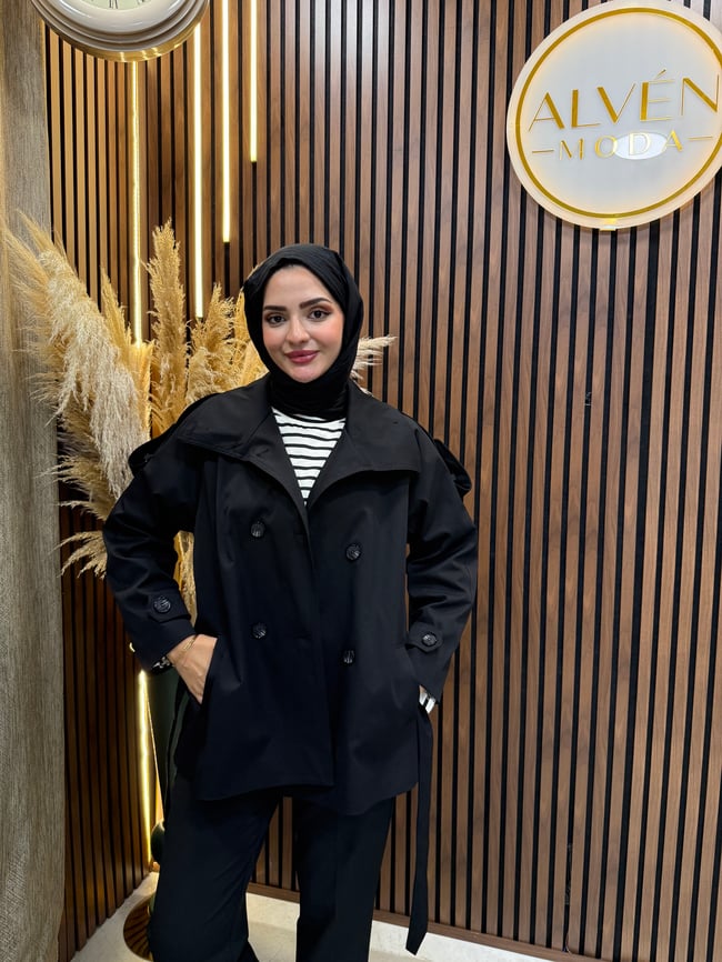 Viona  Premium Su Geçirmez Kuşaklı Oversize Trençkot | Siyah