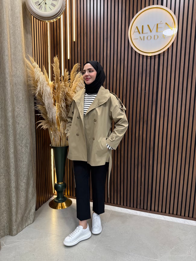 Viona  Premium Su Geçirmez Kuşaklı Oversize Trençkot | Haki