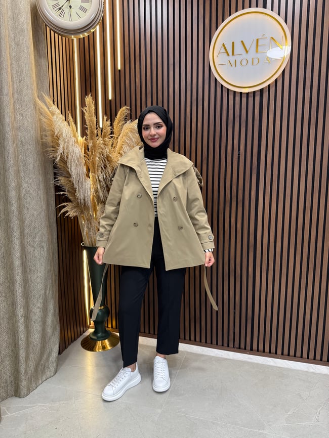 Viona  Premium Su Geçirmez Kuşaklı Oversize Trençkot | Haki