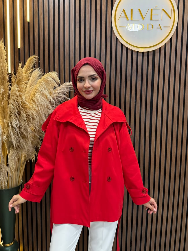 Viona  Premium Su Geçirmez Kuşaklı Oversize Trençkot | Kırmızı