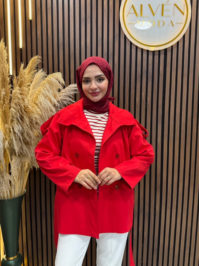 Viona  Premium Su Geçirmez Kuşaklı Oversize Trençkot | Kırmızı