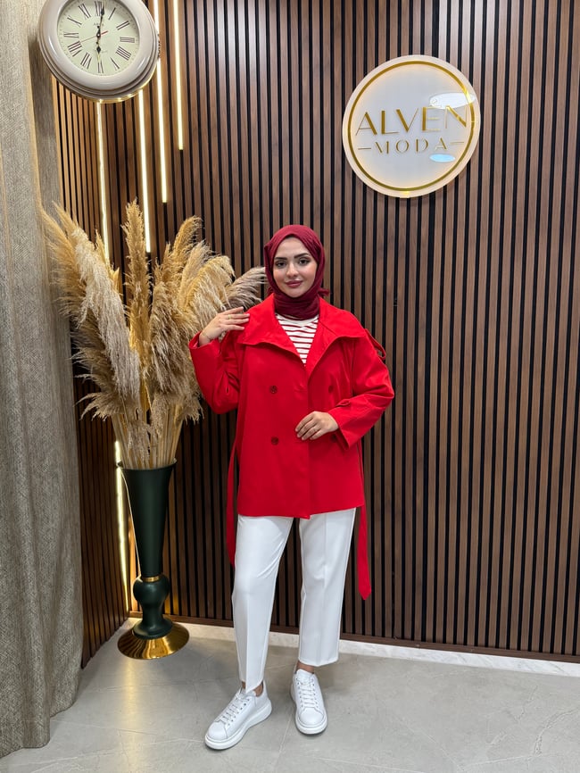 Viona  Premium Su Geçirmez Kuşaklı Oversize Trençkot | Kırmızı