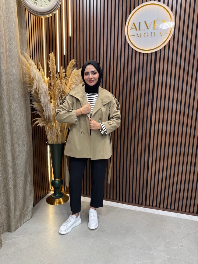 Viona  Premium Su Geçirmez Kuşaklı Oversize Trençkot | Haki