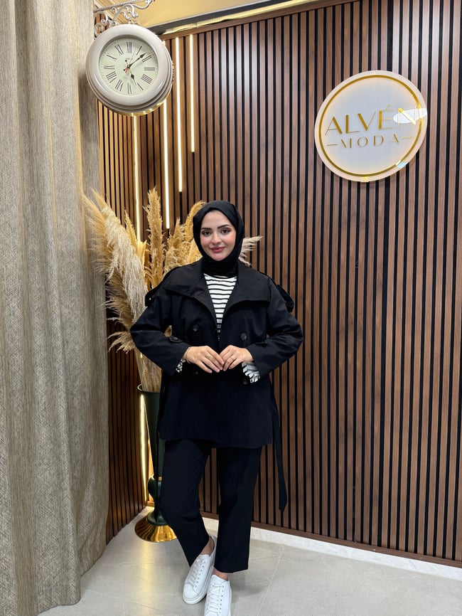 Viona  Premium Su Geçirmez Kuşaklı Oversize Trençkot | Siyah