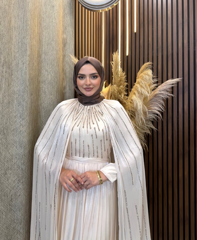 Zara Pelerin Detaylı Taş İşlemeli Tesettür Abiye | Bej