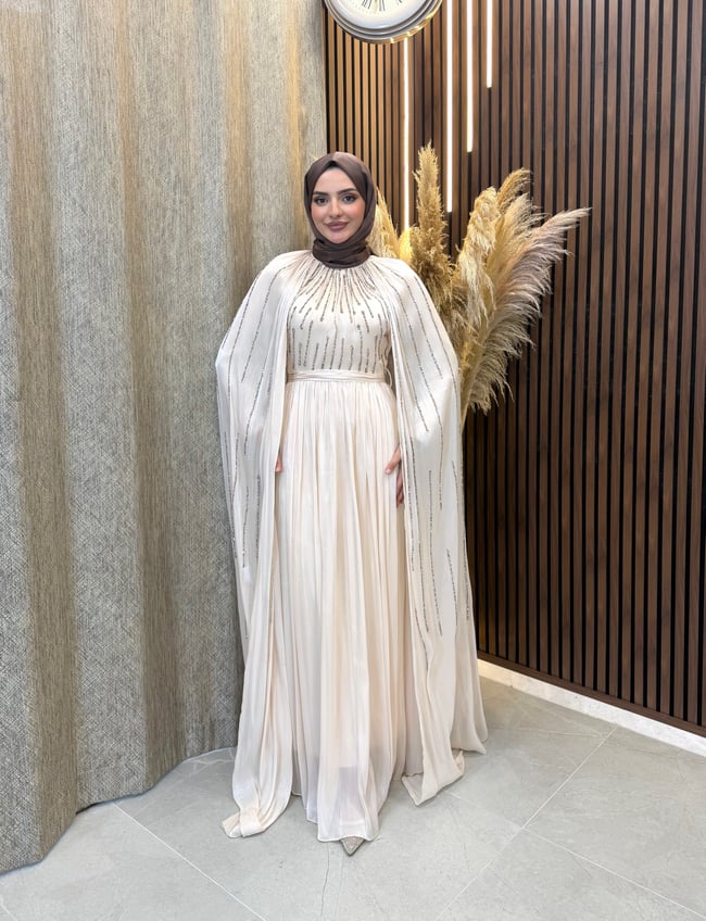 Zara Pelerin Detaylı Taş İşlemeli Tesettür Abiye | Bej