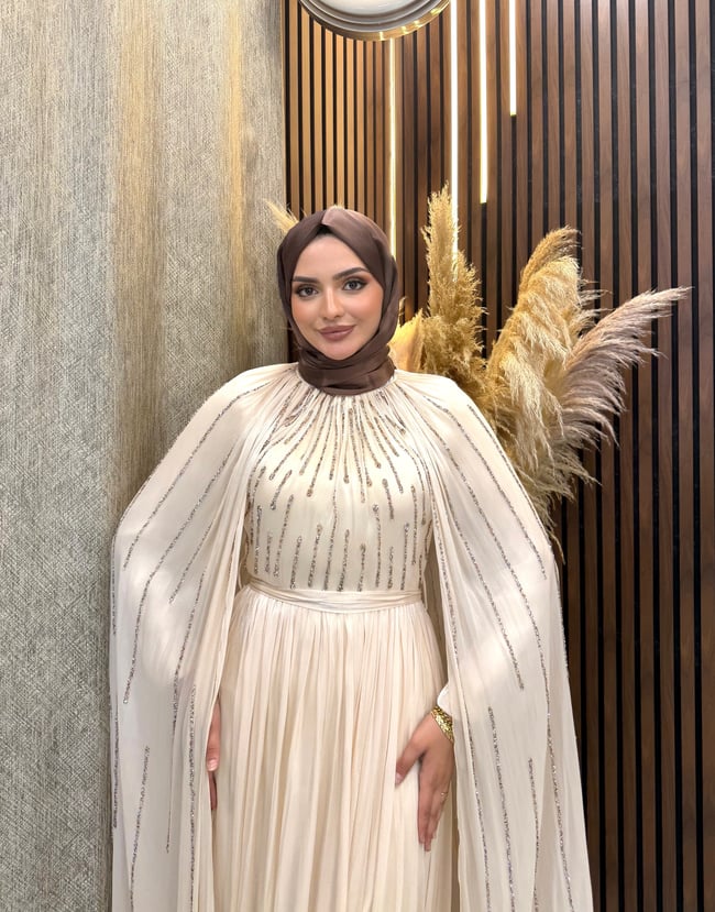 Zara Pelerin Detaylı Taş İşlemeli Tesettür Abiye | Bej