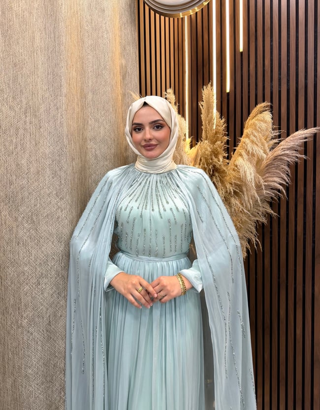 Zara Pelerin Detaylı Taş İşlemeli Tesettür Abiye | Buz Mavisi