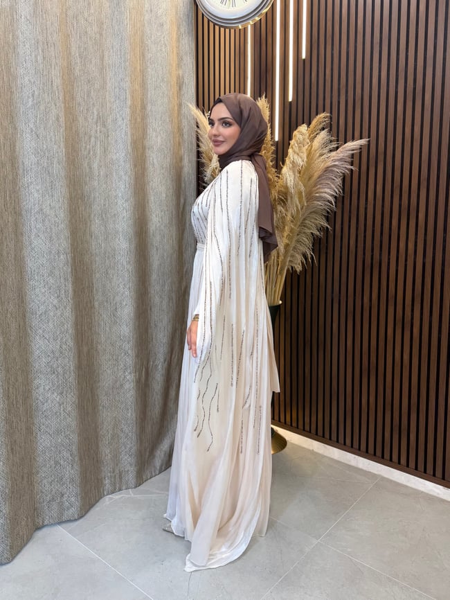 Zara Pelerin Detaylı Taş İşlemeli Tesettür Abiye | Bej