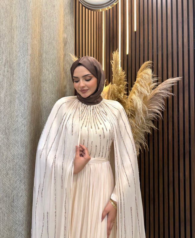 Zara Pelerin Detaylı Taş İşlemeli Tesettür Abiye | Bej