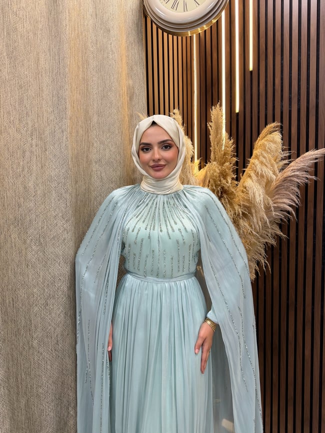 Zara Pelerin Detaylı Taş İşlemeli Tesettür Abiye | Buz Mavisi